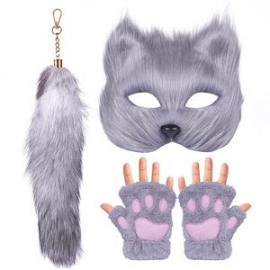 3335 Therian Mask Fox Wolf Cat Tail Paw Plush Glovess Set